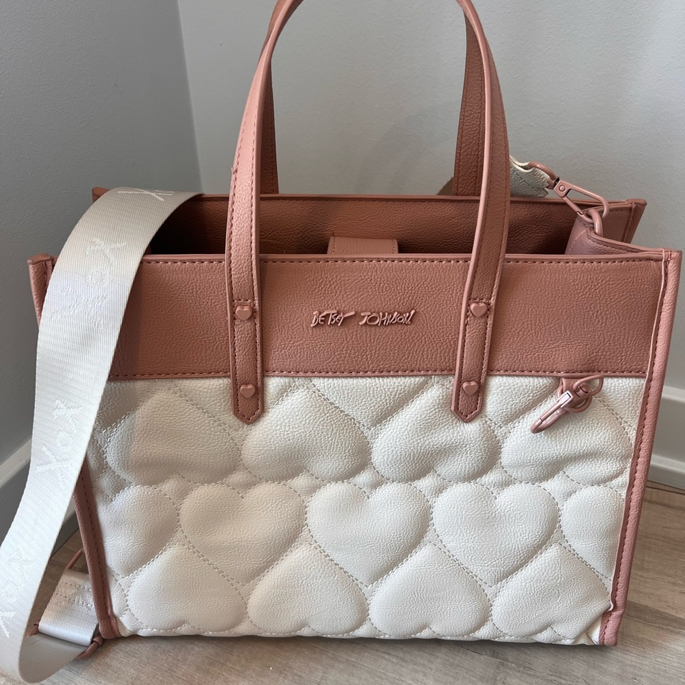 Betsey Johnson Pink and Cream Quilted Heart Tote